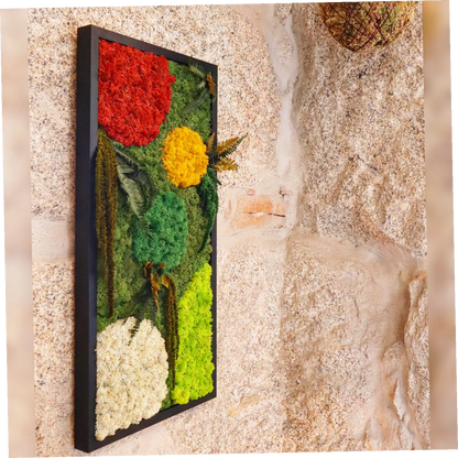 Moldura Madeira preta 30x60cm com Musgo e Plantas Preservadas
