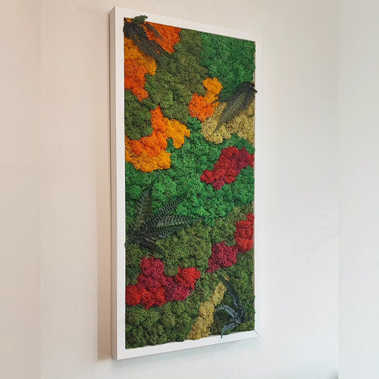 Moldura Madeira branca 30x60cm com Musgo e Plantas Preservadas