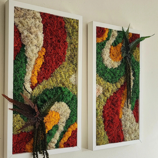 Moldura Madeira branca 45x25cm com Musgo e Plantas Preservadas