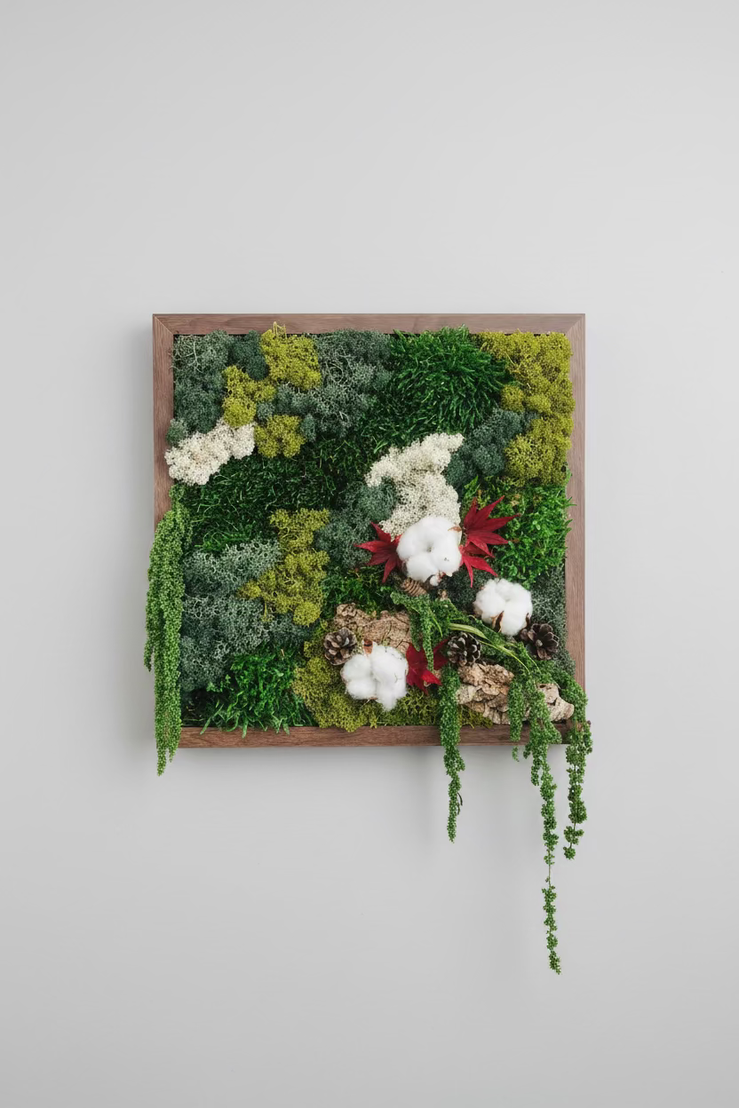 Quadro musgo e plantas preservadas