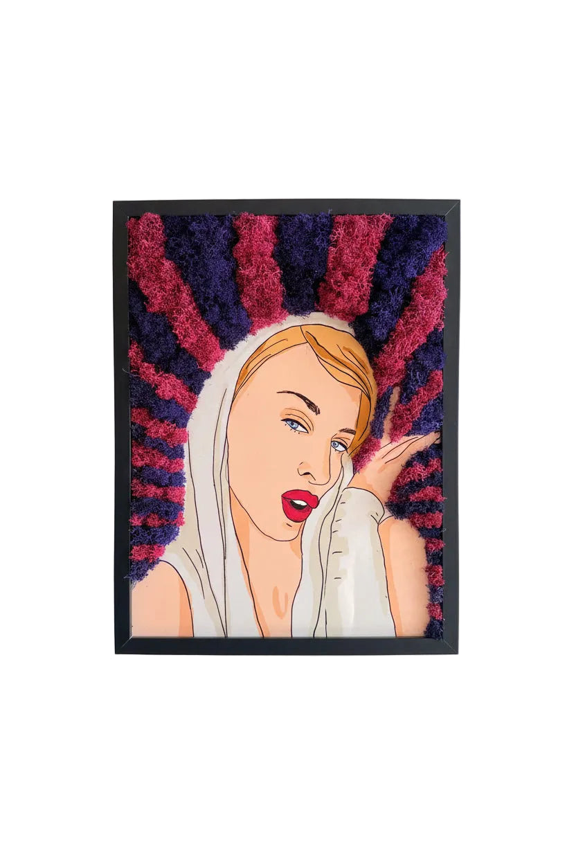 lustração Kyle Minogue com Musgo Preservado 40x30cm | Arte Tridimensional | Pop Art | Moss art