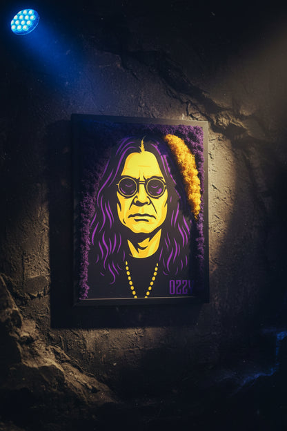 lustração Ozzy Osboune com Musgo Preservado 40x30cm | Arte Tridimensional | Pop Art | Moss art